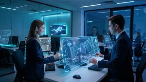 Centre opérationnel de sécurité moderne éclairé en bleu, où deux femmes et un homme analysent des interfaces visuelles abstraites sur des postes de travail.