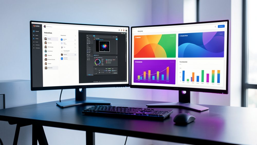 Poste de travail moderne avec deux écrans affichant une interface d’assistant IA, un espace de génération d’images et un tableau comparatif abstrait.