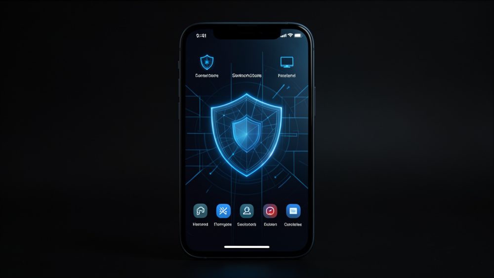 Smartphone au fond sombre avec interface technique et motifs discrets de sécurité, évoquant le choix d’un modèle compatible.