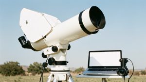 Lunette astronomique équipée d’un filtre solaire blanc sur une monture motorisée, reliée à une caméra planétaire et à un ordinateur dans un environnement extérieur.