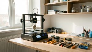 Une imprimante 3D compacte fabrique une pièce de rechange dans un espace de travail aménagé au sein d’un appartement.