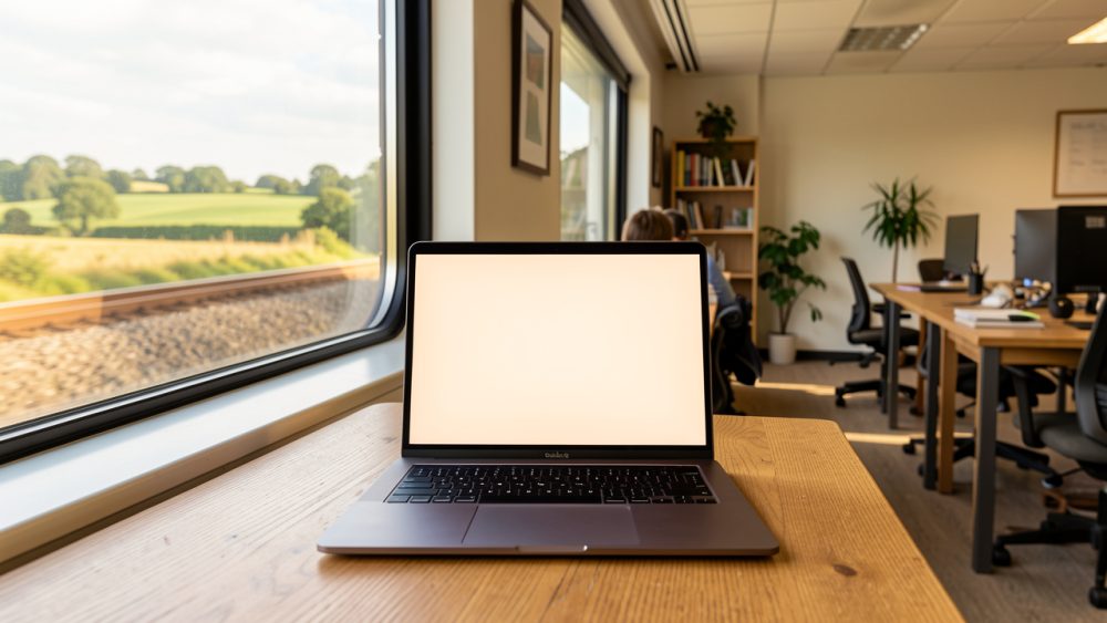 Ordinateur portable posé sur une table, évoquant le télétravail entre le train, un espace de coworking et le domicile.