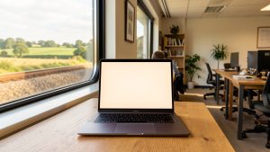 Ordinateur portable posé sur une table, évoquant le télétravail entre le train, un espace de coworking et le domicile.