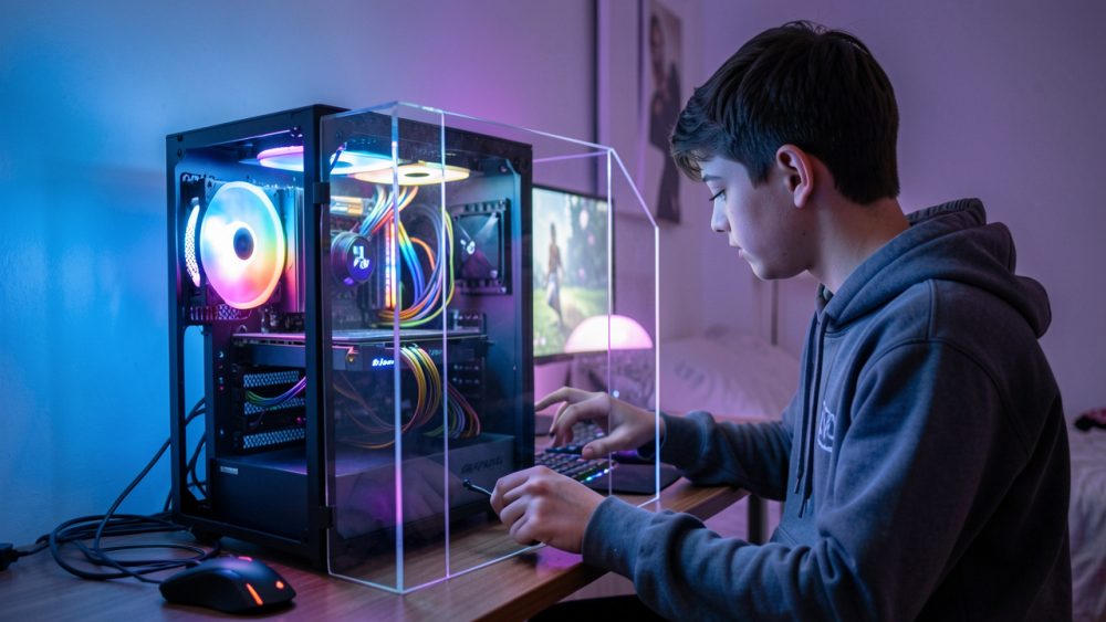 Un adolescent ajuste un PC gamer personnalisé entouré d’une protection transparente, dans une chambre éclairée par des lumières RGB bleues et violettes.