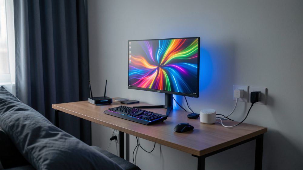Chambre moderne avec un bureau de jeu, un routeur Wi-Fi, un nœud mesh et un adaptateur CPL illustrant différentes solutions pour améliorer la connexion.