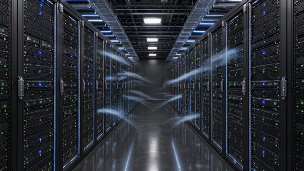Vue réaliste d’un centre de données moderne avec des baies informatiques, une allée froide éclairée en bleu, des capteurs thermiques et des flux d’air visibles entre les équipements.
