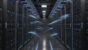 Vue réaliste d’un centre de données moderne avec des baies informatiques, une allée froide éclairée en bleu, des capteurs thermiques et des flux d’air visibles entre les équipements.