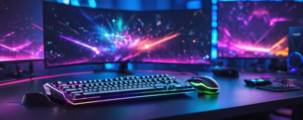 Bureau gaming aménagé avec un ordinateur, un écran, un clavier rétroéclairé et des accessoires assortis.