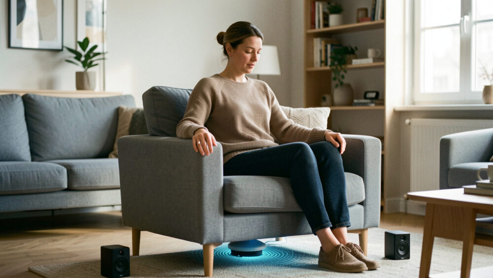 Une femme sourde assise dans un salon moderne ressent les vibrations de la musique transmises par un dispositif discret placé sous son fauteuil.