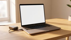 Ordinateur portable moderne posé sur un bureau en bois, avec son chargeur branché, une ventilation visible et un espace de travail dégagé.